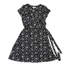 Eliza J Black White Ditzy Floral Short Sleeve A-Line Midi Wrap Dress Size XL
